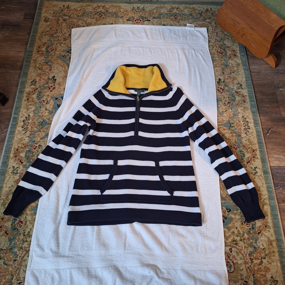 Ralph Lauren Black and White Striped Sweater with Yellow Collar